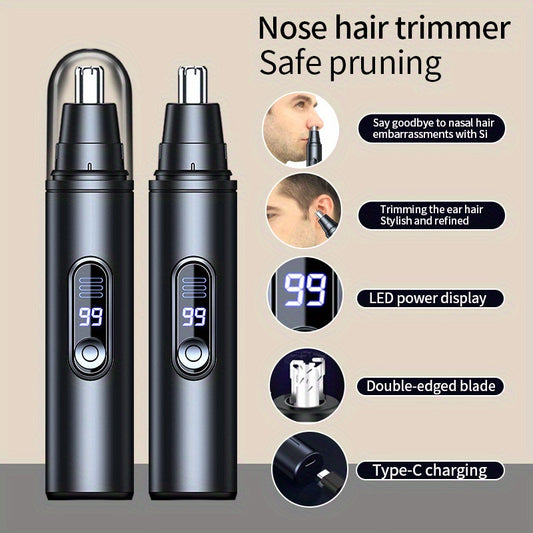 2 Colors Available Stainless Steel USB Rechargeable Nose & Ear Hair Trimmer with Digital Display - Painless, Silent Operation, Portable, Wireless Charging for Men & Women