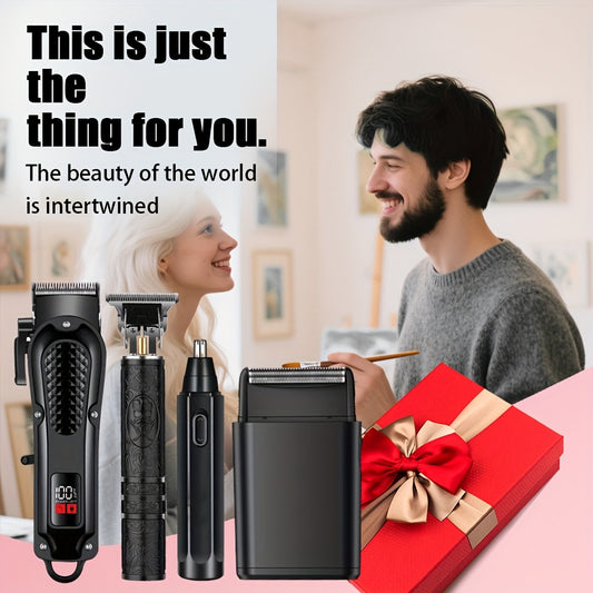 New Shaver And Hair Clipper Beauty 4pcs Set, USB Rechargeable Hair Clipper with LCD Display, Including Electric Shaver, T-Blade Trimmer, Nose Hair Trimmer, Foil Shaver - Ideal Father's Day Gift
