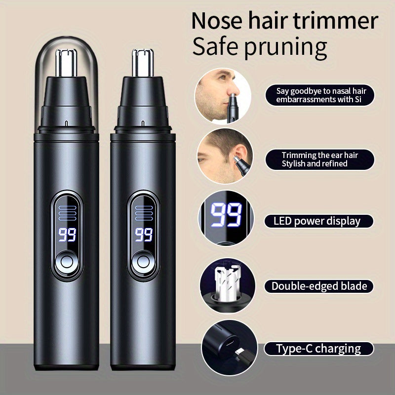 2 Colors Available Stainless Steel USB Rechargeable Nose & Ear Hair Trimmer with Digital Display - Painless, Silent Operation, Portable, Wireless Charging for Men & Women