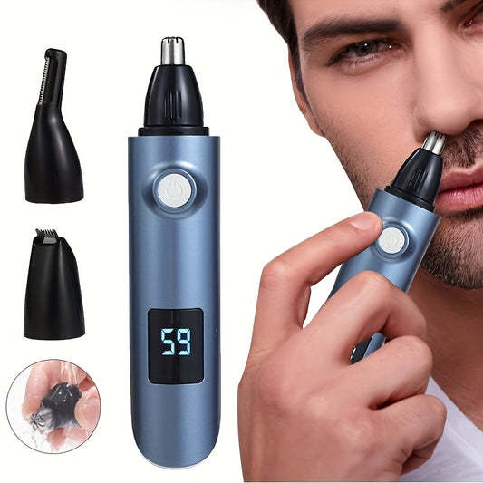 [Painless Trimmer] FEIYBA Cordless Ear & Nose Hair Trimmer | Painless Double-Edged Design, USB/Battery Powered with Digital Display, Portable Grooming Tool for Home Use, Sleek Metallic Finish