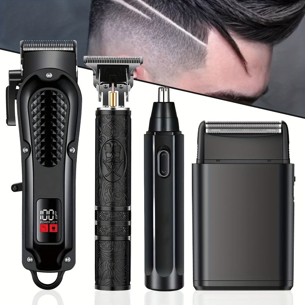 New Shaver And Hair Clipper Beauty 4pcs Set, USB Rechargeable Hair Clipper with LCD Display, Including Electric Shaver, T-Blade Trimmer, Nose Hair Trimmer, Foil Shaver - Ideal Father's Day Gift