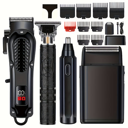 New Shaver And Hair Clipper Beauty 4pcs Set, USB Rechargeable Hair Clipper with LCD Display, Including Electric Shaver, T-Blade Trimmer, Nose Hair Trimmer, Foil Shaver - Ideal Father's Day Gift