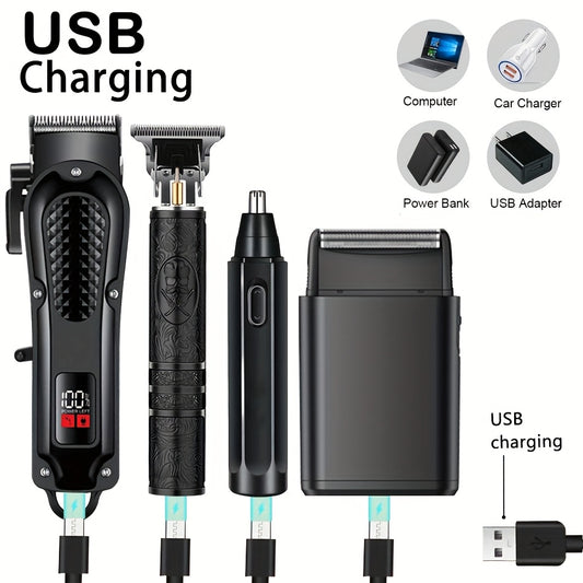 New Shaver And Hair Clipper Beauty 4pcs Set, USB Rechargeable Hair Clipper with LCD Display, Including Electric Shaver, T-Blade Trimmer, Nose Hair Trimmer, Foil Shaver - Ideal Father's Day Gift