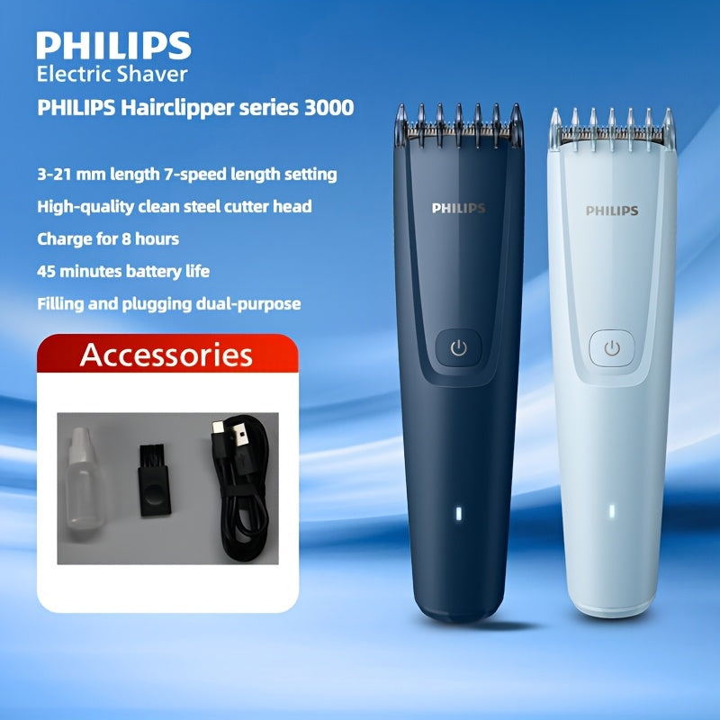 [7-Speed Hairclipper] 7-Speed Hairclipper Series 3000 | Precision Steel Blade Head, 3-21mm Length Setting, PowerDrive Strong System, Type-C Charging Cable, Plug and Play