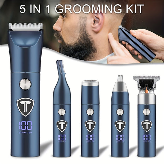 5-in-1 Professional Electric Body Hair Trimmer for Men - Rechargeable USB-Powered with Replaceable Ceramic Blades, Includes Shaver, Clipper, Nose & Eyebrow Trimmers - Ergonomic Design for Groin, Face, Body Hair Grooming, Personal Care Tool, Sleek Grooming